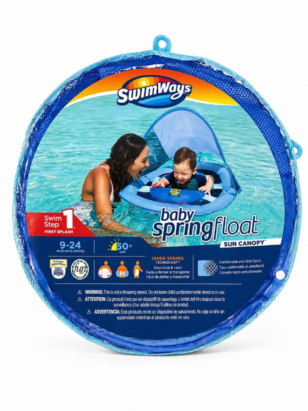 SwimWays Baby Spring Float Sun Canopy Inflatable Pool Float for Baby Boys Blue